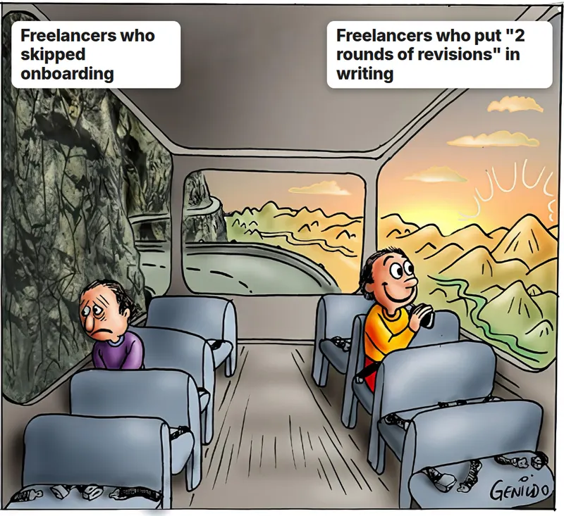 Two guys on a bus meme: freelancers who skipped onboarding stare at a rock wall, while freelancers who put two rounds of revisions in writing enjoy the view.